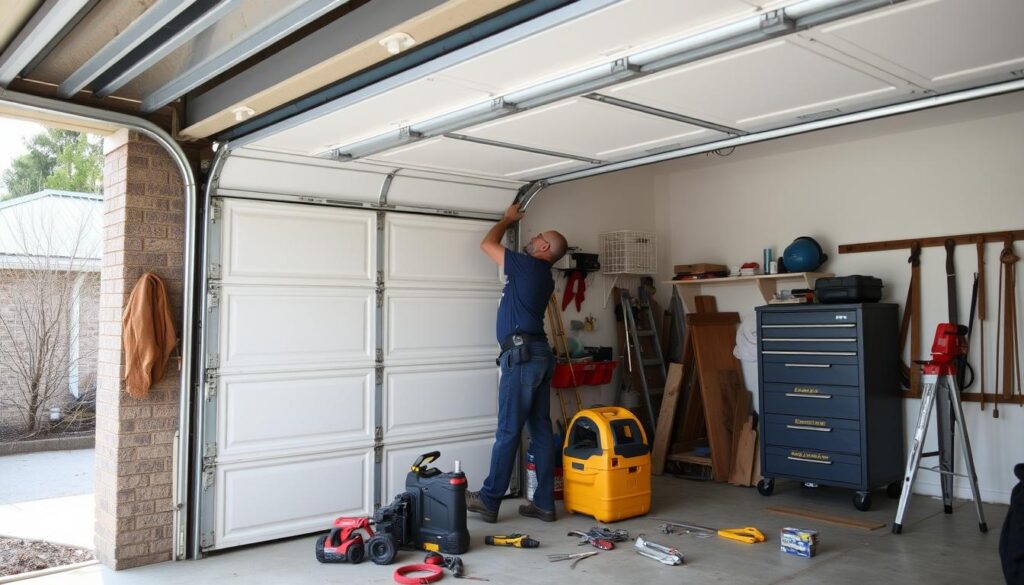 A well-organized garage interior with an open garage door revealing a neatly structured price list on the wall. The price list showcases different garage door models, their dimensions, and associated installation costs in a clean, easy-to-read layout. Soft, warm lighting illuminates the scene, creating a professional and informative atmosphere. The floor is clean, and the overall composition suggests a reputable garage door company showcasing their transparent pricing to potential customers. The image should convey a sense of trust, reliability, and attention to detail. A well-organized garage interior with an open garage door revealing a neatly structured price list on the wall. The price list showcases different garage door models, their dimensions, and associated installation costs in a clean, easy-to-read layout. Soft, warm lighting illuminates the scene, creating a professional and informative atmosphere. The floor is clean, and the overall composition suggests a reputable garage door company showcasing their transparent pricing to potential customers. The image should convey a sense of trust, reliability, and attention to detail.