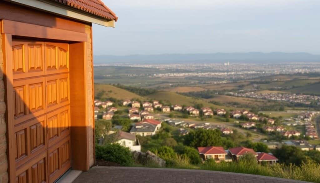 A wide, panoramic view of the South African landscape, with a network of wooden garage doors stretching across the horizon. In the foreground, a well-maintained wooden garage door stands proud, its rich grain and sturdy construction reflecting the craftsmanship of local service providers. The middle ground features a series of garage doors, each uniquely designed to complement the architectural styles of the surrounding homes and businesses. In the distance, the doors continue to dot the landscape, seamlessly blending with the rolling hills, lush vegetation, and vibrant cityscape of South Africa. The scene is illuminated by a warm, golden light, casting a welcoming glow and conveying a sense of reliable, comprehensive service coverage across the region. A wide, panoramic view of the South African landscape, with a network of wooden garage doors stretching across the horizon. In the foreground, a well-maintained wooden garage door stands proud, its rich grain and sturdy construction reflecting the craftsmanship of local service providers. The middle ground features a series of garage doors, each uniquely designed to complement the architectural styles of the surrounding homes and businesses. In the distance, the doors continue to dot the landscape, seamlessly blending with the rolling hills, lush vegetation, and vibrant cityscape of South Africa. The scene is illuminated by a warm, golden light, casting a welcoming glow and conveying a sense of reliable, comprehensive service coverage across the region.