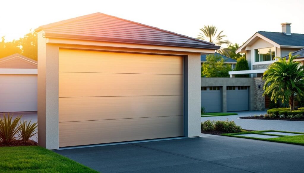 An aluminium garage door in a modern, minimalist design stands prominently in the foreground, its sleek lines and brushed finish catching the warm, diffuse light of the scene. In the middle ground, additional garage door designs are visible, ranging from traditional panelled styles to contemporary flush-mounted options. The background features a neatly landscaped suburban setting, with lush greenery and a glimpse of a modern residential home, all bathed in a soft, golden hour glow. The overall composition conveys a sense of high-end, sophisticated garage door solutions suitable for a variety of home styles and budgets. An aluminium garage door in a modern, minimalist design stands prominently in the foreground, its sleek lines and brushed finish catching the warm, diffuse light of the scene. In the middle ground, additional garage door designs are visible, ranging from traditional panelled styles to contemporary flush-mounted options. The background features a neatly landscaped suburban setting, with lush greenery and a glimpse of a modern residential home, all bathed in a soft, golden hour glow. The overall composition conveys a sense of high-end, sophisticated garage door solutions suitable for a variety of home styles and budgets.