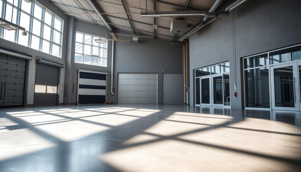 An expansive commercial sectional door showroom in Johannesburg, sunlight streaming through large windows illuminating the sleek, modern door designs. Pristine concrete floors, brushed metal accents, and minimalist displays showcasing the range of options - from industrial rolling doors to elegant glass-paneled entryways. The space has a professional, high-end ambiance, capturing the quality and variety of commercial sectional door solutions available across the Gauteng region. Photographed from a low angle to emphasize the scale and grandeur of the space, with a subtle depth of field blur to focus attention on the central door displays. An expansive commercial sectional door showroom in Johannesburg, sunlight streaming through large windows illuminating the sleek, modern door designs. Pristine concrete floors, brushed metal accents, and minimalist displays showcasing the range of options - from industrial rolling doors to elegant glass-paneled entryways. The space has a professional, high-end ambiance, capturing the quality and variety of commercial sectional door solutions available across the Gauteng region. Photographed from a low angle to emphasize the scale and grandeur of the space, with a subtle depth of field blur to focus attention on the central door displays.