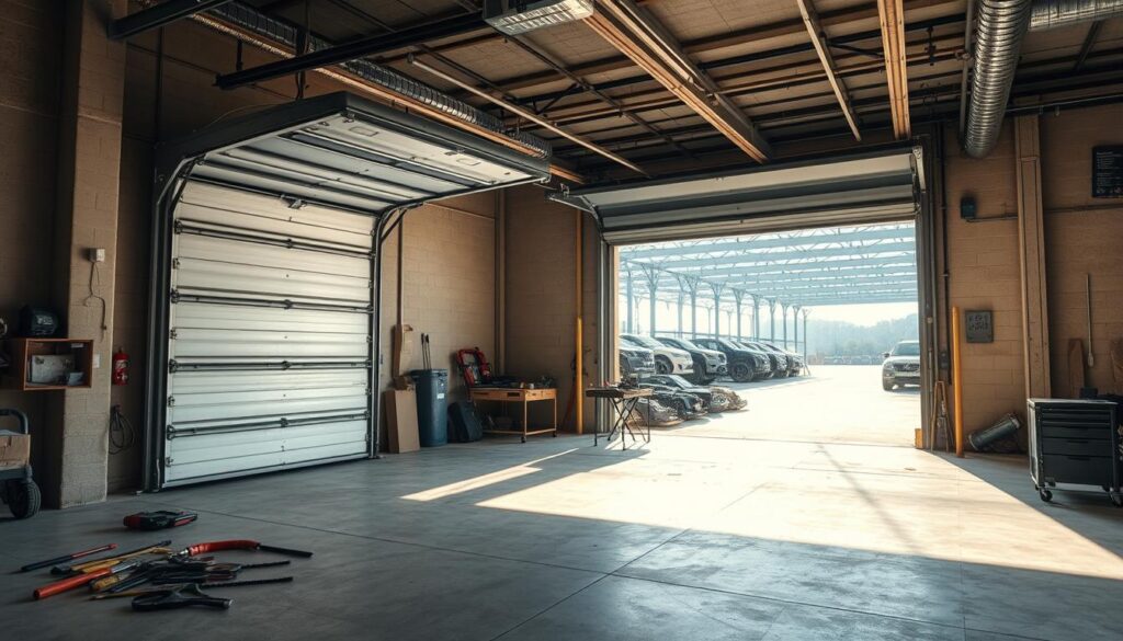 An industrial garage interior with a malfunctioning overhead door in the foreground, the door mechanism partially detached from the tracks. Sunlight streaming through the open doorway illuminates the repair tools and supplies scattered on the concrete floor, suggesting an ongoing maintenance scenario. The middle ground features a workbench with various automotive parts, hinting at the versatile nature of the garage. The background showcases a panoramic view of the facility, highlighting its scale and the range of services offered. The overall mood is one of pragmatic problem-solving, capturing the essence of garage door derailment repair. An industrial garage interior with a malfunctioning overhead door in the foreground, the door mechanism partially detached from the tracks. Sunlight streaming through the open doorway illuminates the repair tools and supplies scattered on the concrete floor, suggesting an ongoing maintenance scenario. The middle ground features a workbench with various automotive parts, hinting at the versatile nature of the garage. The background showcases a panoramic view of the facility, highlighting its scale and the range of services offered. The overall mood is one of pragmatic problem-solving, capturing the essence of garage door derailment repair.