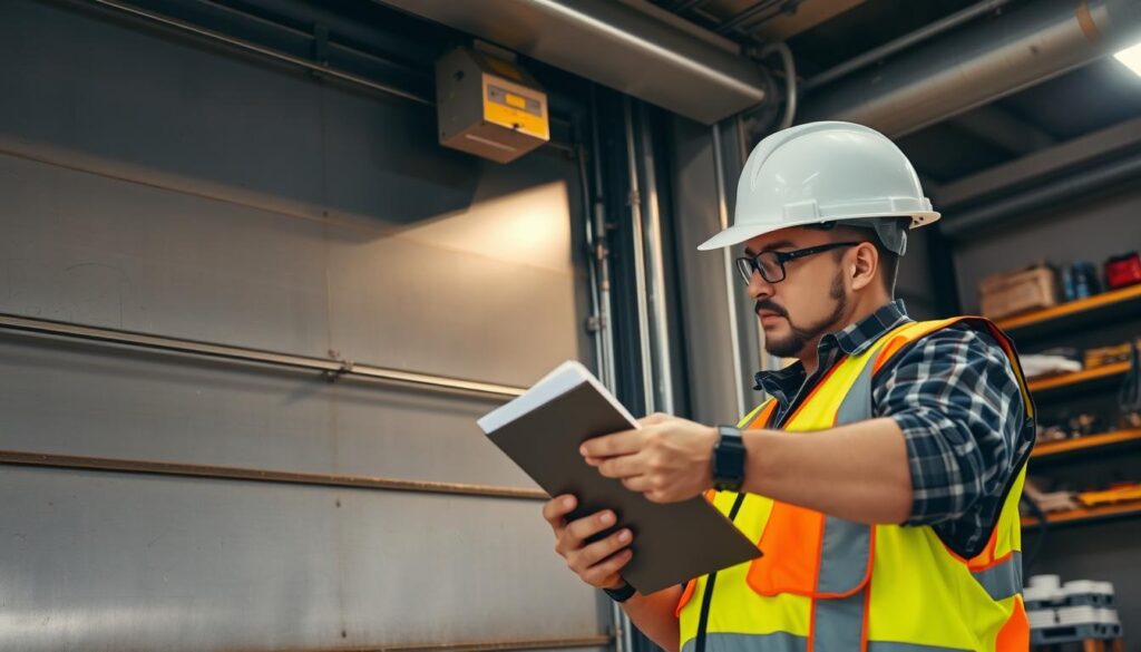 An industrial steel-framed door with intricate mechanisms, illuminated by a warm spotlight from above. The door's surface shows signs of wear and tear, with scratches and dents hinting at its daily use. In the foreground, a technician in a safety vest and hardhat examines the door's components, clipboard in hand, evaluating the repair needs. The background reveals a workshop setting, complete with shelves of spare parts and tools, conveying the practical aspects of industrial door maintenance. The overall scene emphasizes the various factors that contribute to the pricing of such repair services, from labor and materials to the complexities of the equipment. An industrial steel-framed door with intricate mechanisms, illuminated by a warm spotlight from above. The door's surface shows signs of wear and tear, with scratches and dents hinting at its daily use. In the foreground, a technician in a safety vest and hardhat examines the door's components, clipboard in hand, evaluating the repair needs. The background reveals a workshop setting, complete with shelves of spare parts and tools, conveying the practical aspects of industrial door maintenance. The overall scene emphasizes the various factors that contribute to the pricing of such repair services, from labor and materials to the complexities of the equipment.