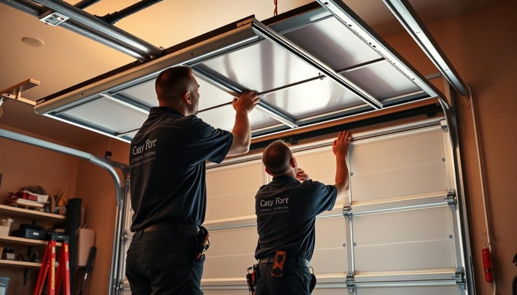Certified garage door technicians carefully installing a new garage door system, with one technician lifting the heavy door panel while another secures it in place. The scene is well-lit, with warm, natural lighting illuminating the workspace. The technicians wear professional uniforms and use specialized tools, conveying their expertise and attention to detail. The garage interior is clean and organized, creating a sense of professionalism and care. The final image should emphasize the skill and care taken by the technicians, showcasing the high-quality service they provide. Certified garage door technicians carefully installing a new garage door system, with one technician lifting the heavy door panel while another secures it in place. The scene is well-lit, with warm, natural lighting illuminating the workspace. The technicians wear professional uniforms and use specialized tools, conveying their expertise and attention to detail. The garage interior is clean and organized, creating a sense of professionalism and care. The final image should emphasize the skill and care taken by the technicians, showcasing the high-quality service they provide.