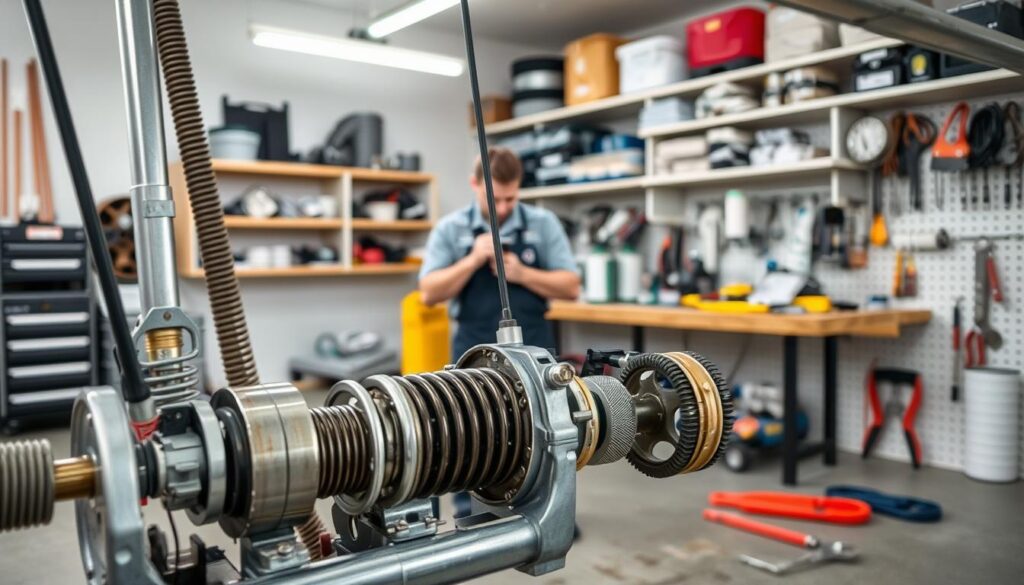 Detailed image of a garage door repair scenario, shot in a well-lit workshop setting with a neutral color palette. In the foreground, a garage door mechanism is disassembled, showcasing the various components like springs, cables, and pulleys. In the middle ground, a technician in a uniform is examining the parts, while tools and supplies are neatly organized on a workbench. The background features shelves stocked with replacement parts and accessories, conveying the comprehensive nature of the repair services offered. The overall composition emphasizes the technical complexity and attention to detail required for effective garage door repair. Detailed image of a garage door repair scenario, shot in a well-lit workshop setting with a neutral color palette. In the foreground, a garage door mechanism is disassembled, showcasing the various components like springs, cables, and pulleys. In the middle ground, a technician in a uniform is examining the parts, while tools and supplies are neatly organized on a workbench. The background features shelves stocked with replacement parts and accessories, conveying the comprehensive nature of the repair services offered. The overall composition emphasizes the technical complexity and attention to detail required for effective garage door repair.