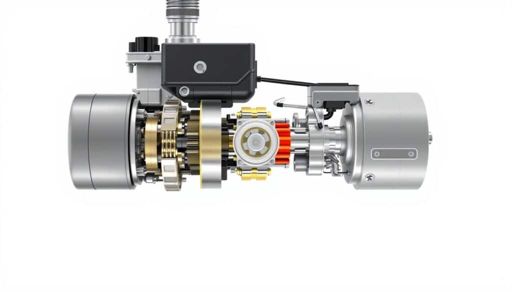 Detailed technical illustration showcasing the intricate components and drive systems of an automatic garage door motor. Close-up view revealing the inner workings, including the motor unit, gear mechanisms, pulley system, and control electronics. Precise engineering details captured with a high-resolution camera lens, emphasizing the precision and complexity of this machinery. Neutral lighting accentuates the technical details, with a clean, minimalist background to keep the focus on the subject matter. The image aims to provide a comprehensive visual reference for understanding the key elements that influence garage door motor repair costs. Detailed technical illustration showcasing the intricate components and drive systems of an automatic garage door motor. Close-up view revealing the inner workings, including the motor unit, gear mechanisms, pulley system, and control electronics. Precise engineering details captured with a high-resolution camera lens, emphasizing the precision and complexity of this machinery. Neutral lighting accentuates the technical details, with a clean, minimalist background to keep the focus on the subject matter. The image aims to provide a comprehensive visual reference for understanding the key elements that influence garage door motor repair costs.
