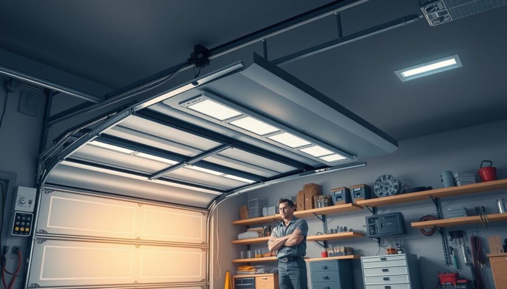 Prompt A professional installation of a smart garage door upgrade, captured in a detailed, photorealistic illustration. The scene depicts a well-lit garage interior, with a partially open garage door showcasing the advanced features. The foreground highlights various components such as the smart control panel, sensors, and wiring connections. The middle ground features a technician dressed in a uniform, carefully examining the installation. The background provides context, with shelves, tools, and other garage accessories visible, conveying a sense of a professional workspace. The lighting is balanced, creating depth and emphasizing the technical details. The overall mood is one of expertise and attention to detail, reflecting the cost factors involved in a high-quality smart garage door upgrade. Prompt A professional installation of a smart garage door upgrade, captured in a detailed, photorealistic illustration. The scene depicts a well-lit garage interior, with a partially open garage door showcasing the advanced features. The foreground highlights various components such as the smart control panel, sensors, and wiring connections. The middle ground features a technician dressed in a uniform, carefully examining the installation. The background provides context, with shelves, tools, and other garage accessories visible, conveying a sense of a professional workspace. The lighting is balanced, creating depth and emphasizing the technical details. The overall mood is one of expertise and attention to detail, reflecting the cost factors involved in a high-quality smart garage door upgrade.