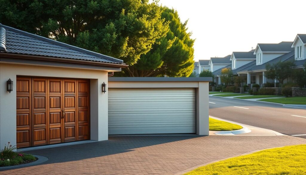 Residential garage door prices comparison in Cape Town, South Africa. Wide shot of a suburban street with neatly lined houses and manicured lawns. In the foreground, three different garage doors are prominently displayed - a traditional wooden door, a modern aluminum one, and a sleek glass panel door. The lighting is soft and warm, highlighting the textures and details of the doors. The image conveys a sense of suburban tranquility, inviting the viewer to explore the cost differences between these garage door options commonly found in Cape Town neighborhoods. Residential garage door prices comparison in Cape Town, South Africa. Wide shot of a suburban street with neatly lined houses and manicured lawns. In the foreground, three different garage doors are prominently displayed - a traditional wooden door, a modern aluminum one, and a sleek glass panel door. The lighting is soft and warm, highlighting the textures and details of the doors. The image conveys a sense of suburban tranquility, inviting the viewer to explore the cost differences between these garage door options commonly found in Cape Town neighborhoods.