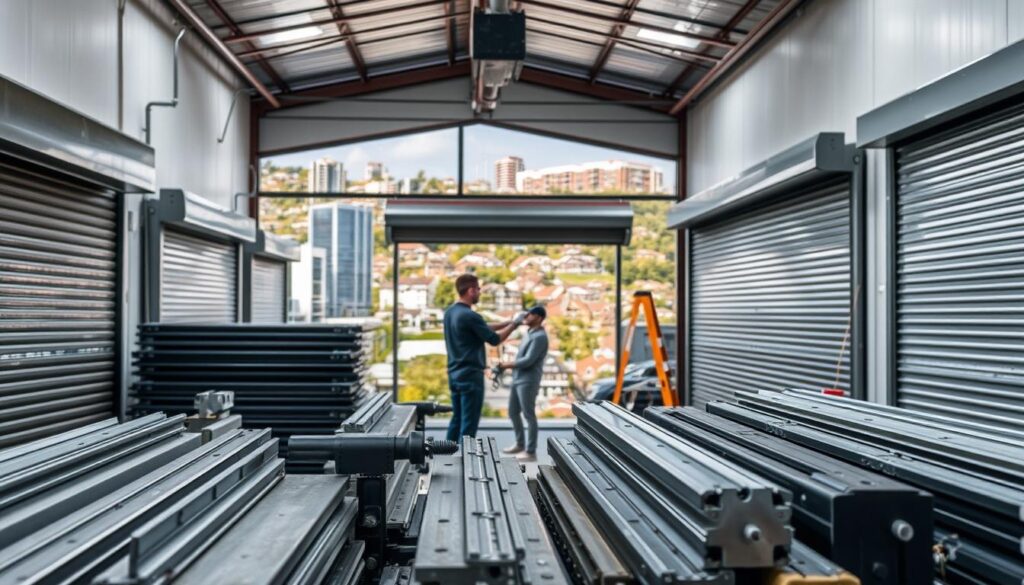 Roller shutter door installation pricing factors across Gauteng: A well-lit industrial setting, showcasing a variety of roller shutter doors in various sizes and materials, with a focus on their installation process. Prominent in the foreground are the different components, such as the shutter slats, guides, and locking mechanisms, highlighting the technical complexities involved. In the middle ground, skilled technicians demonstrate the installation process, using specialized tools and equipment. The background depicts the diverse architectural landscape of Gauteng, from modern office buildings to residential neighborhoods, emphasizing the versatility and widespread adoption of these security solutions. The overall composition conveys a sense of professionalism, attention to detail, and the unique factors that influence the pricing of roller shutter door installations across the region. Roller shutter door installation pricing factors across Gauteng: A well-lit industrial setting, showcasing a variety of roller shutter doors in various sizes and materials, with a focus on their installation process. Prominent in the foreground are the different components, such as the shutter slats, guides, and locking mechanisms, highlighting the technical complexities involved. In the middle ground, skilled technicians demonstrate the installation process, using specialized tools and equipment. The background depicts the diverse architectural landscape of Gauteng, from modern office buildings to residential neighborhoods, emphasizing the versatility and widespread adoption of these security solutions. The overall composition conveys a sense of professionalism, attention to detail, and the unique factors that influence the pricing of roller shutter door installations across the region.