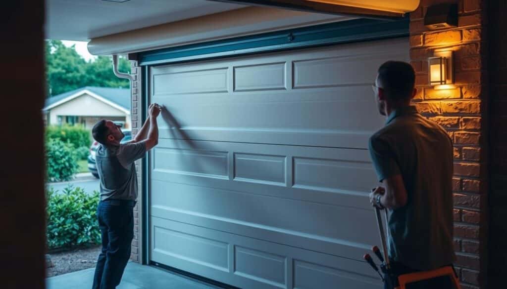 Sectional garage door installation service covering Johannesburg, Pretoria, Centurion, and greater Gauteng. A professional technician inspects the door, measures the opening, and expertly installs the new sectional door. Warm lighting illuminates the scene, casting soft shadows that accentuate the door's sleek, modern design. The technician, dressed in a uniform, works diligently, ensuring a precise and seamless installation. In the background, a suburban neighborhood with lush greenery sets the scene, conveying a sense of comfort and security. The overall mood is one of competence, reliability, and attention to detail. Sectional garage door installation service covering Johannesburg, Pretoria, Centurion, and greater Gauteng. A professional technician inspects the door, measures the opening, and expertly installs the new sectional door. Warm lighting illuminates the scene, casting soft shadows that accentuate the door's sleek, modern design. The technician, dressed in a uniform, works diligently, ensuring a precise and seamless installation. In the background, a suburban neighborhood with lush greenery sets the scene, conveying a sense of comfort and security. The overall mood is one of competence, reliability, and attention to detail.