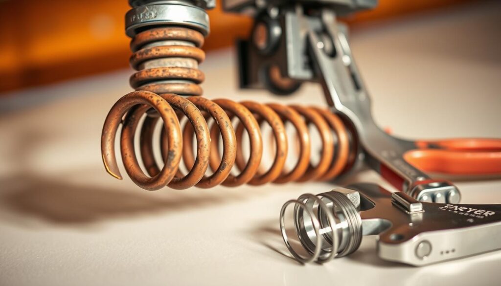 a detailed closeup image of a garage door torsion spring repair, the spring and its mechanical parts shown in sharp focus against a blurred background of a typical garage interior. The spring is rust-colored, with worn and twisted coils. The repair tools and hardware such as wrenches, clamps, and replacement springs are arranged neatly around the spring. Soft, warm lighting casts subtle shadows, creating depth and texture. The overall mood is one of practical functionality, conveying the technical expertise required to properly service and replace a critical garage door component. a detailed closeup image of a garage door torsion spring repair, the spring and its mechanical parts shown in sharp focus against a blurred background of a typical garage interior. The spring is rust-colored, with worn and twisted coils. The repair tools and hardware such as wrenches, clamps, and replacement springs are arranged neatly around the spring. Soft, warm lighting casts subtle shadows, creating depth and texture. The overall mood is one of practical functionality, conveying the technical expertise required to properly service and replace a critical garage door component.