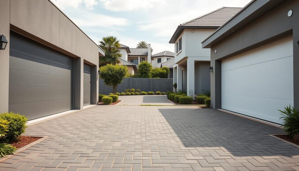 a high-quality, detailed image of modern garage doors in Port Elizabeth, South Africa. In the foreground, showcase a row of sleek, contemporary garage doors in neutral tones like grey and white, featuring clean lines and minimalist designs. In the middle ground, include a well-manicured driveway leading up to the garage, with lush, green landscaping on either side. In the background, depict a suburban neighborhood with a mix of modern and traditional residential architecture, suggesting an affluent, well-maintained area. Capture the scene using a wide-angle lens to provide a comprehensive view, with natural lighting creating soft shadows and highlighting the textures of the materials. Convey a sense of sophistication, functionality, and curb appeal. a high-quality, detailed image of modern garage doors in Port Elizabeth, South Africa. In the foreground, showcase a row of sleek, contemporary garage doors in neutral tones like grey and white, featuring clean lines and minimalist designs. In the middle ground, include a well-manicured driveway leading up to the garage, with lush, green landscaping on either side. In the background, depict a suburban neighborhood with a mix of modern and traditional residential architecture, suggesting an affluent, well-maintained area. Capture the scene using a wide-angle lens to provide a comprehensive view, with natural lighting creating soft shadows and highlighting the textures of the materials. Convey a sense of sophistication, functionality, and curb appeal.